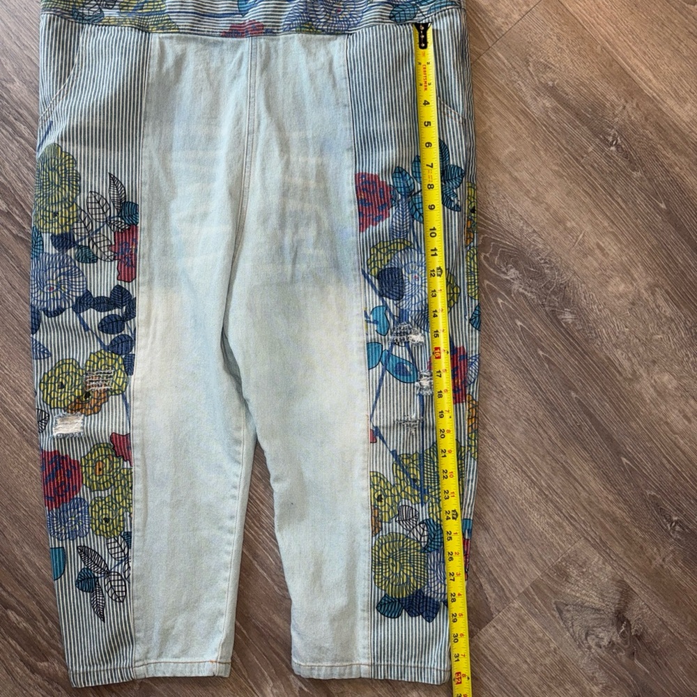 Monthorigin Overalls Womens Blue Floral Print Bibs Denim Distressed Crop - Picture 5 of 9